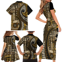 Vintage Samoa Siapo Mamanu Family Matching Short Sleeve Bodycon Dress and Hawaiian Shirt Gold Samoan Tapa Motif - Polynesian Pride