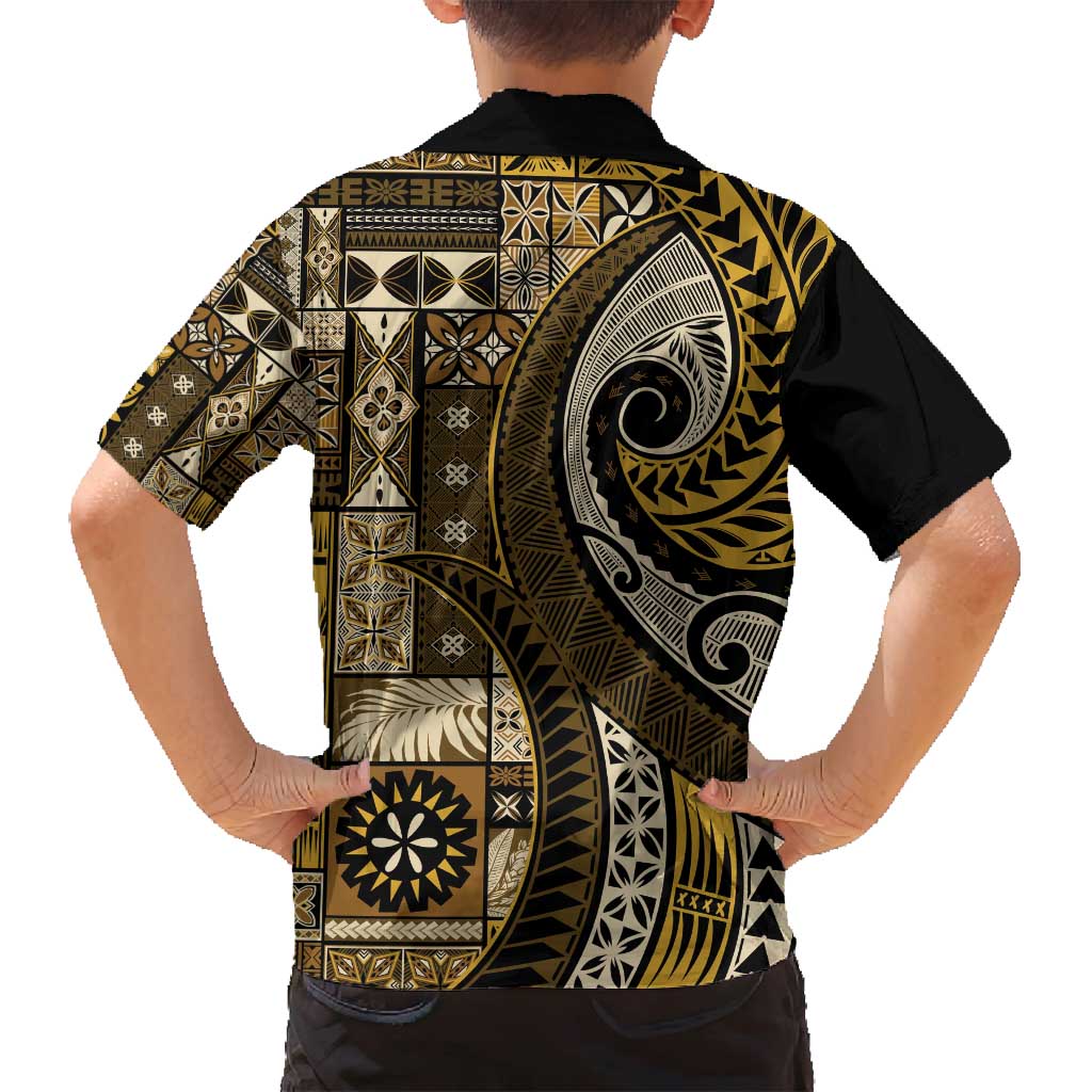 Vintage Samoa Siapo Mamanu Family Matching Summer Maxi Dress and Hawaiian Shirt Gold Samoan Tapa Motif - Polynesian Pride