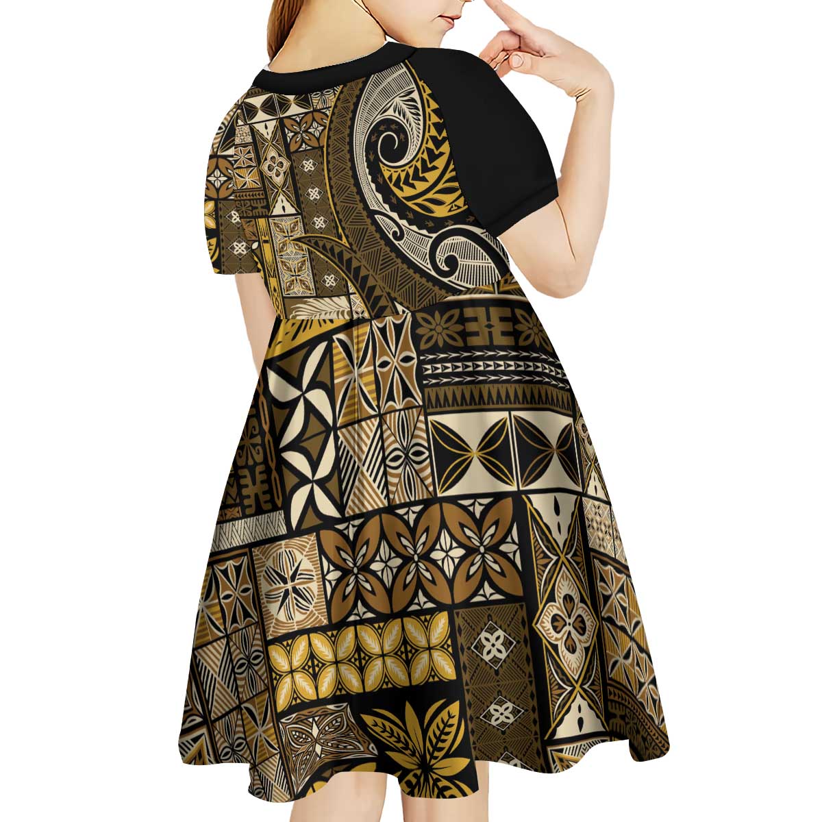 Vintage Samoa Siapo Mamanu Kid Short Sleeve Dress Gold Samoan Tapa Motif - Polynesian Pride