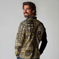 Vintage Samoa Siapo Mamanu Long Sleeve Polo Shirt Gold Samoan Tapa Motif - Polynesian Pride