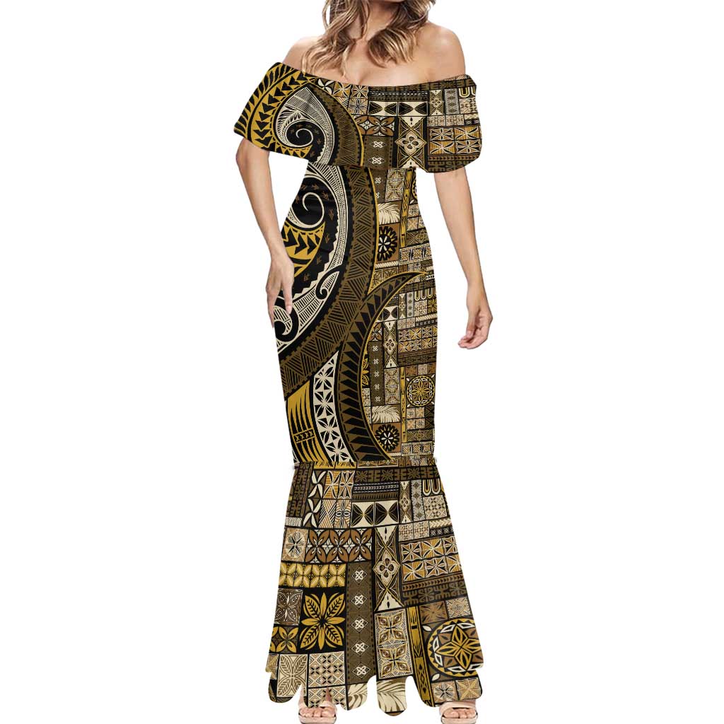 Vintage Samoa Siapo Mamanu Mermaid Dress Gold Samoan Tapa Motif - Polynesian Pride