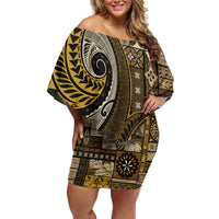Vintage Samoa Siapo Mamanu Off Shoulder Short Dress Gold Samoan Tapa Motif - Polynesian Pride
