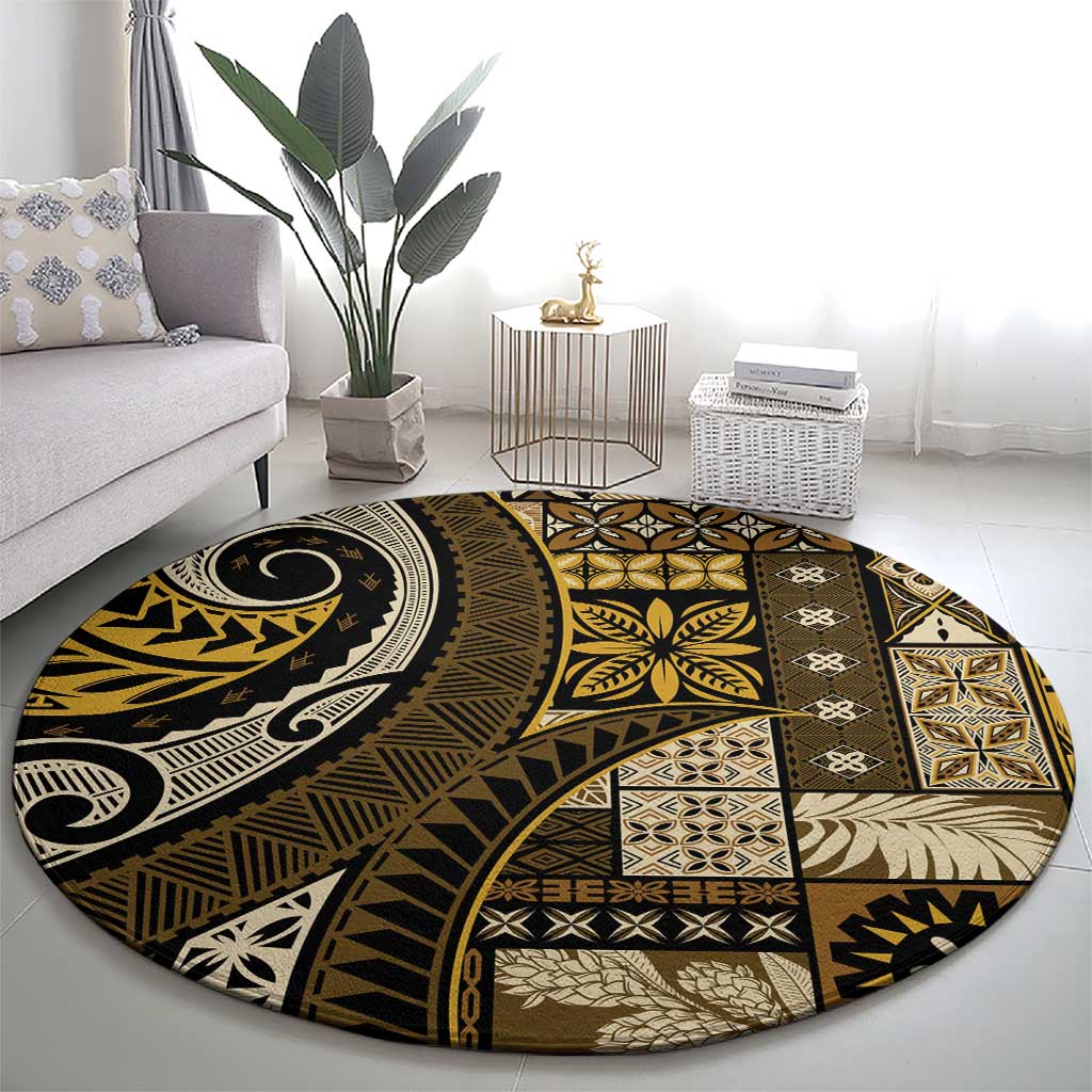Vintage Samoa Siapo Mamanu Round Carpet Gold Samoan Tapa Motif - Polynesian Pride