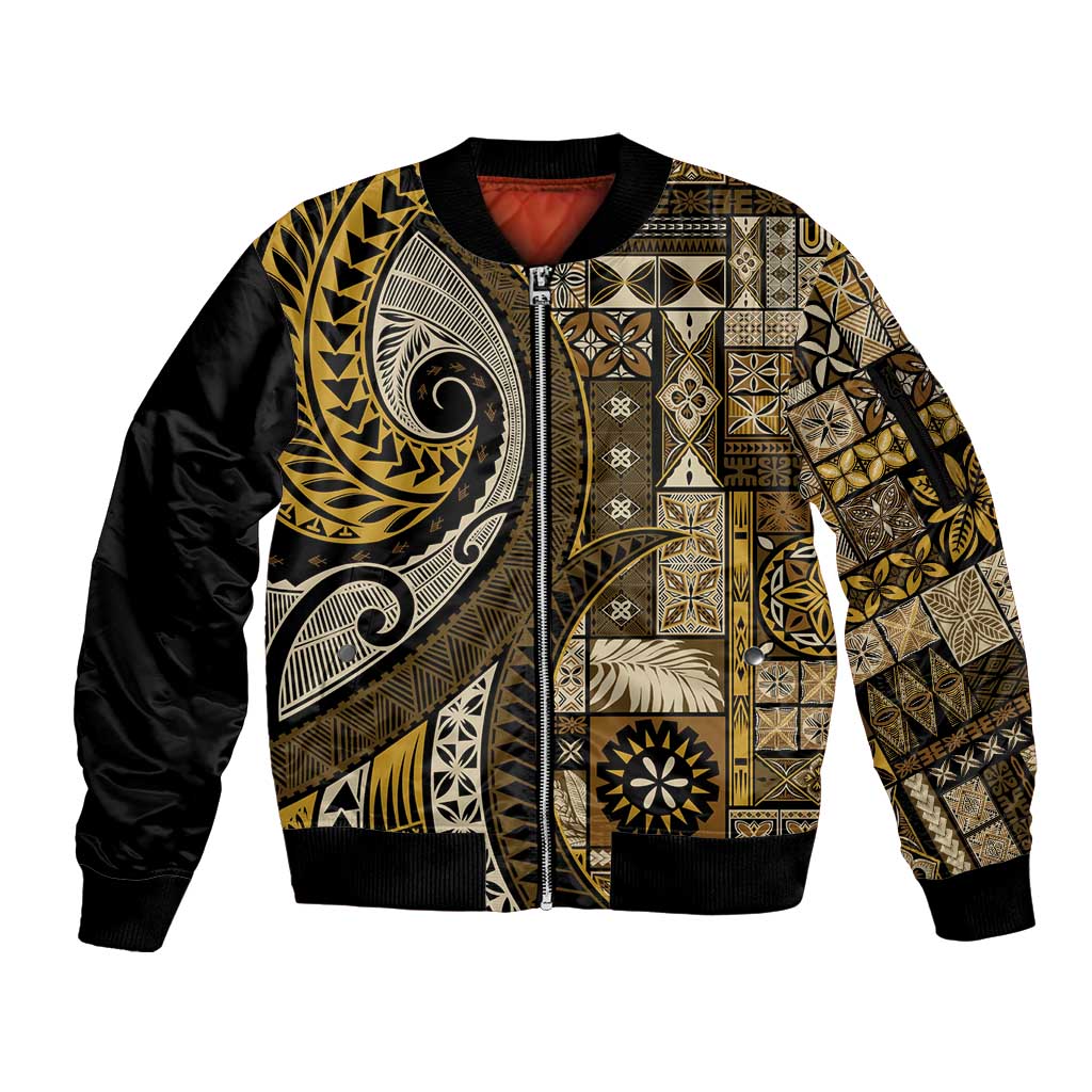 Vintage Samoa Siapo Mamanu Sleeve Zip Bomber Jacket Gold Samoan Tapa Motif - Polynesian Pride
