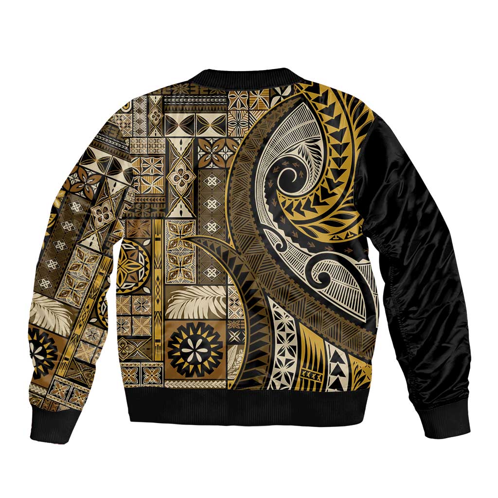 Vintage Samoa Siapo Mamanu Sleeve Zip Bomber Jacket Gold Samoan Tapa Motif - Polynesian Pride