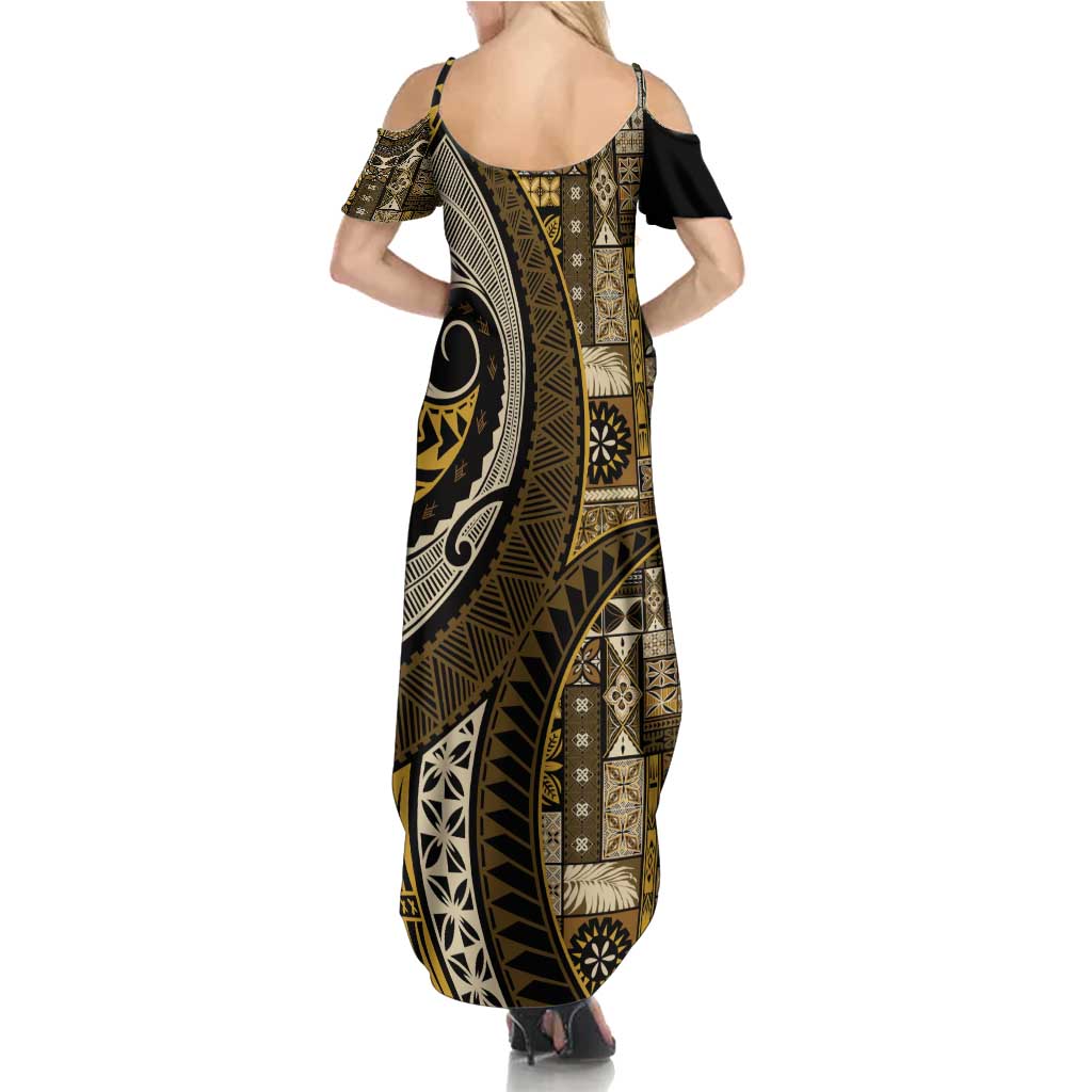 Vintage Samoa Siapo Mamanu Summer Maxi Dress Gold Samoan Tapa Motif - Polynesian Pride