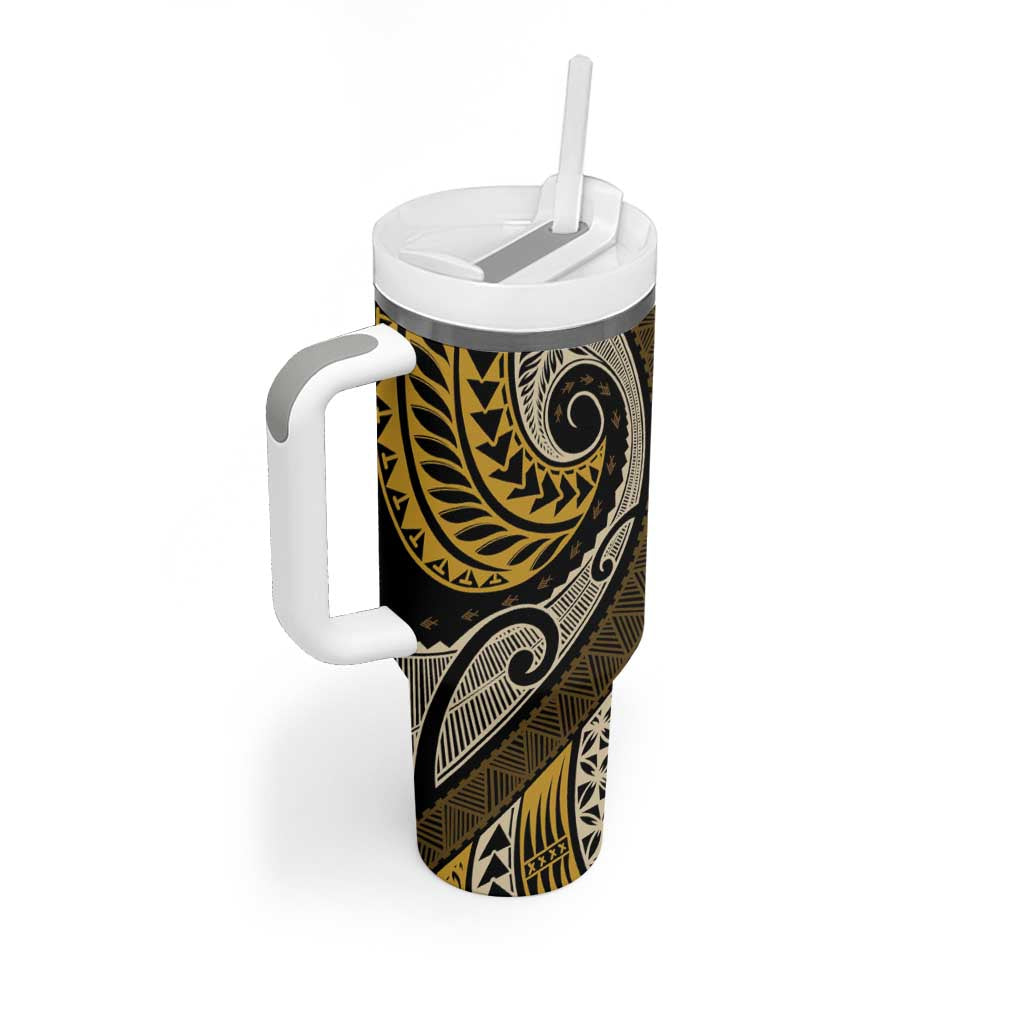 Vintage Samoa Siapo Mamanu Tumbler With Handle Gold Samoan Tapa Motif - Polynesian Pride
