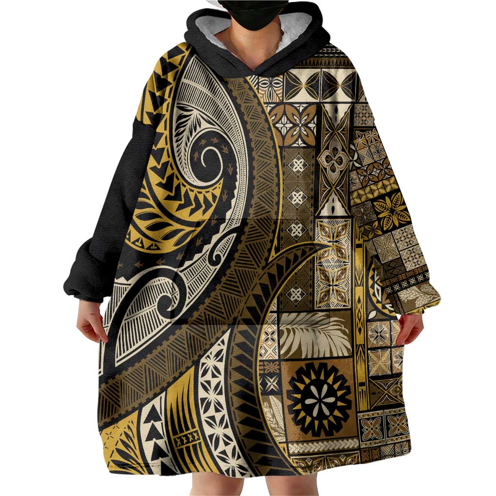 Vintage Samoa Siapo Mamanu Wearable Blanket Hoodie Gold Samoan Tapa Motif - Polynesian Pride