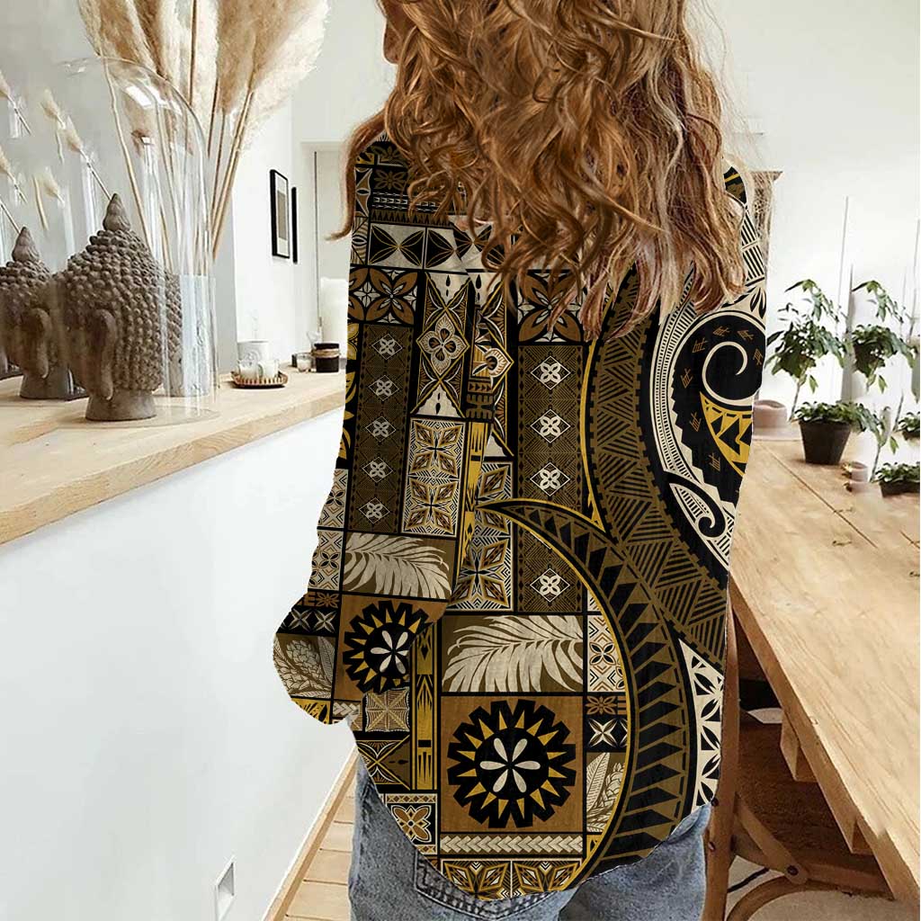 Vintage Samoa Siapo Mamanu Women Casual Shirt Gold Samoan Tapa Motif - Polynesian Pride