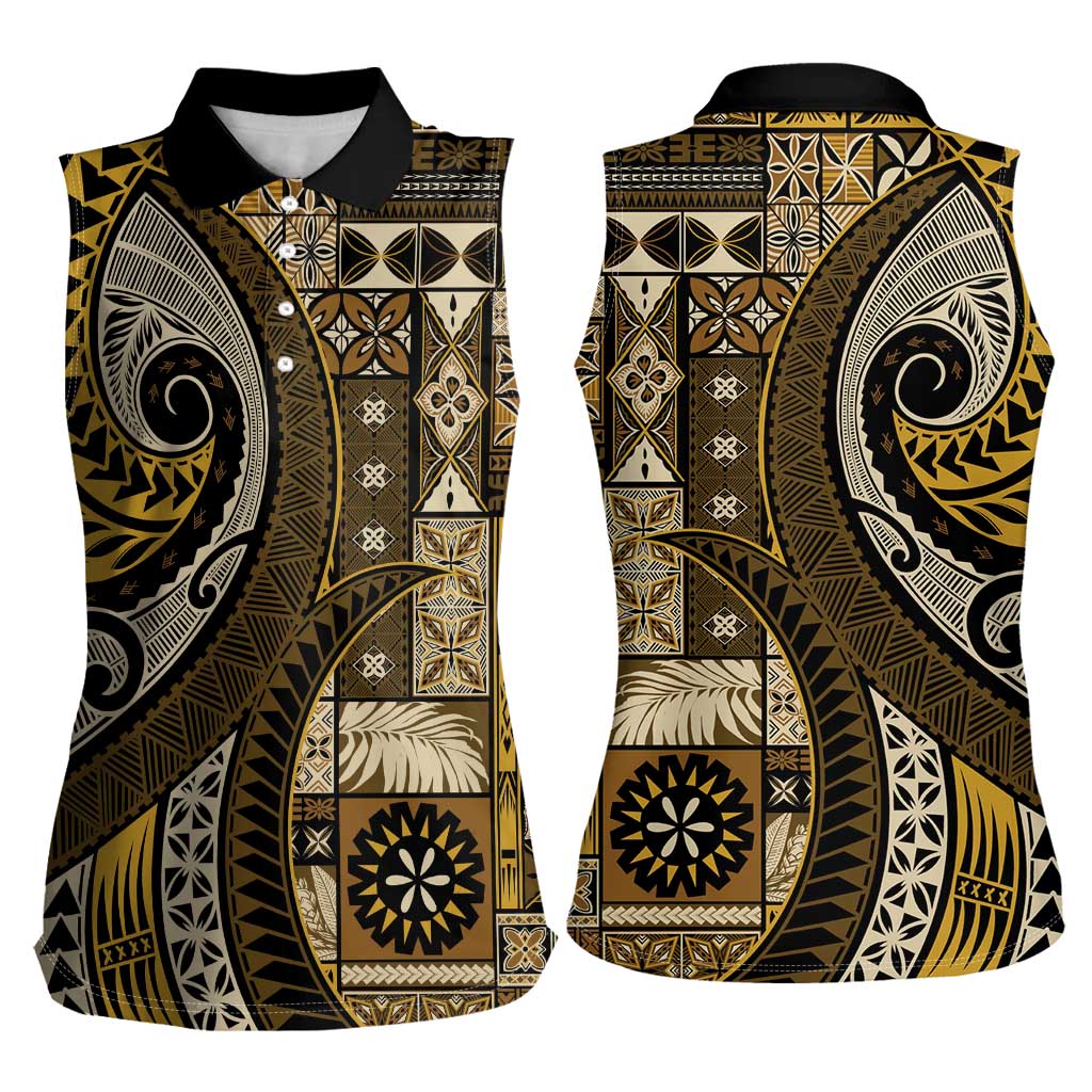 Vintage Samoa Siapo Mamanu Women Sleeveless Polo Shirt Gold Samoan Tapa Motif - Polynesian Pride