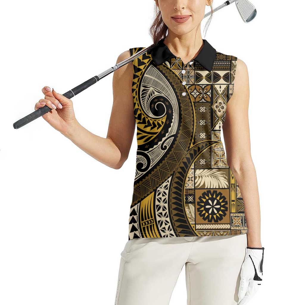 Vintage Samoa Siapo Mamanu Women Sleeveless Polo Shirt Gold Samoan Tapa Motif - Polynesian Pride