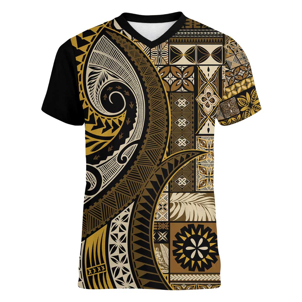 Vintage Samoa Siapo Mamanu Women V-Neck T-Shirt Gold Samoan Tapa Motif - Polynesian Pride