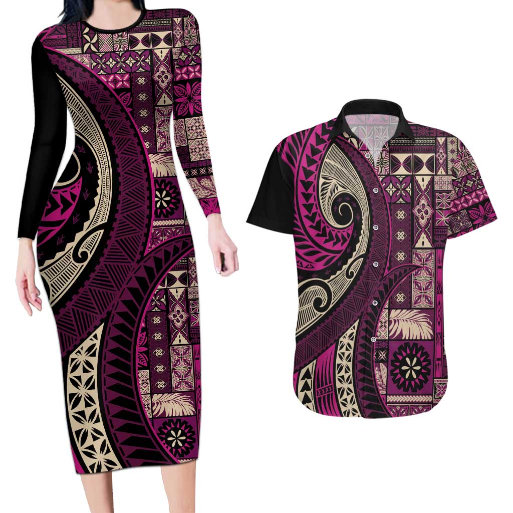 Vintage Samoa Siapo Mamanu Couples Matching Long Sleeve Bodycon Dress and Hawaiian Shirt Pink Samoan Tapa Motif - Polynesian Pride