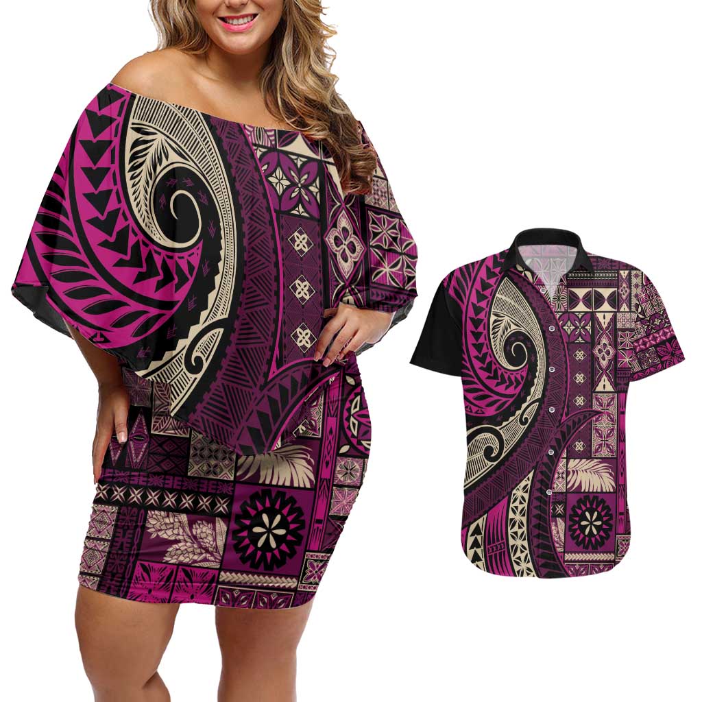 Vintage Samoa Siapo Mamanu Couples Matching Off Shoulder Short Dress and Hawaiian Shirt Pink Samoan Tapa Motif - Polynesian Pride
