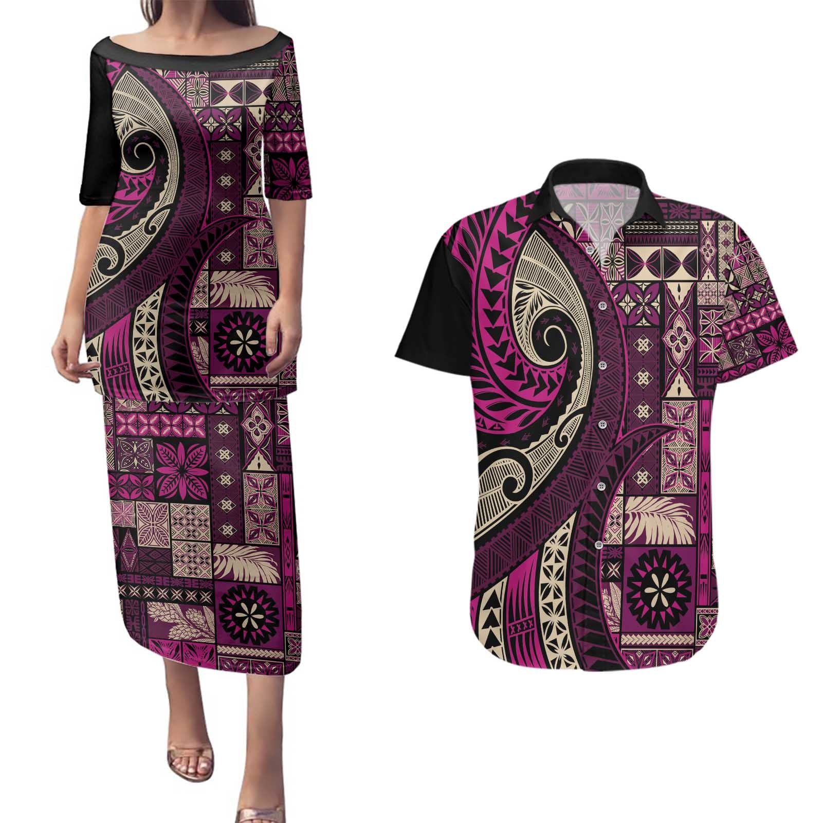 Vintage Samoa Siapo Mamanu Couples Matching Puletasi and Hawaiian Shirt Pink Samoan Tapa Motif - Polynesian Pride