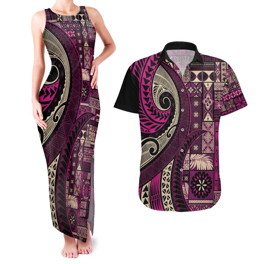 Vintage Samoa Siapo Mamanu Couples Matching Tank Maxi Dress and Hawaiian Shirt Pink Samoan Tapa Motif - Polynesian Pride