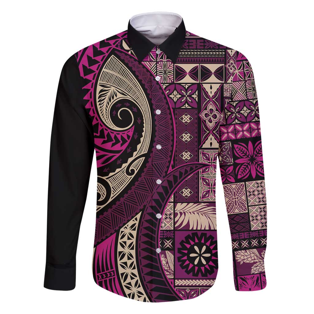 Vintage Samoa Siapo Mamanu Family Matching Long Sleeve Bodycon Dress and Hawaiian Shirt Pink Samoan Tapa Motif - Polynesian Pride