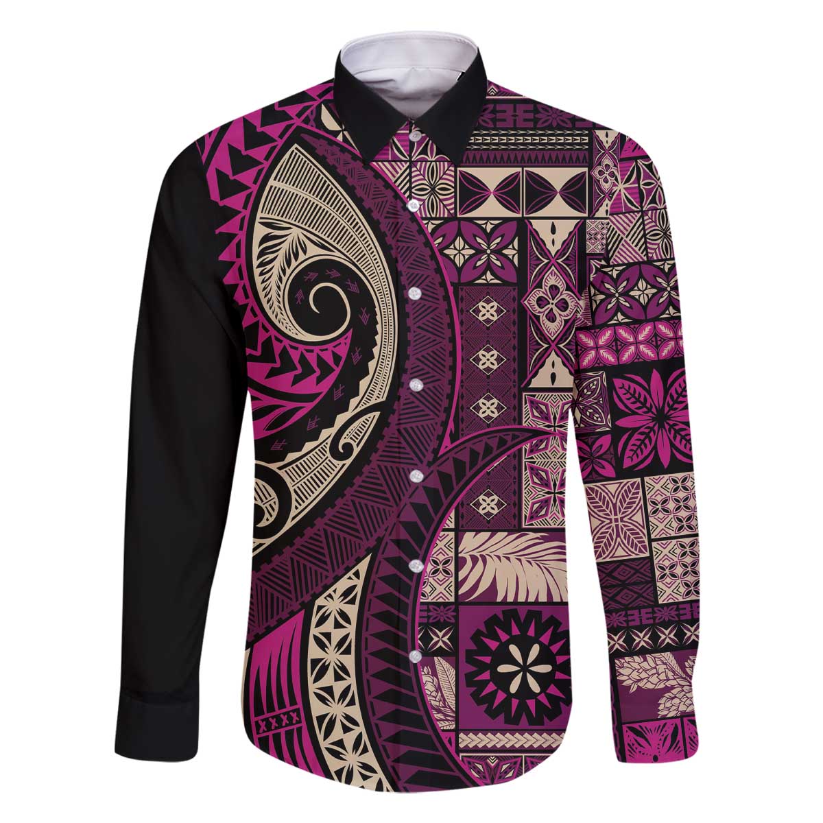 Vintage Samoa Siapo Mamanu Family Matching Off The Shoulder Long Sleeve Dress and Hawaiian Shirt Pink Samoan Tapa Motif - Polynesian Pride