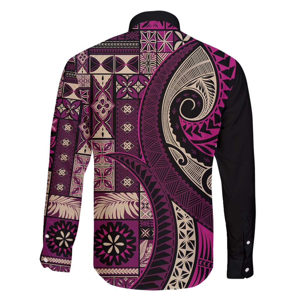 Vintage Samoa Siapo Mamanu Family Matching Off Shoulder Maxi Dress and Hawaiian Shirt Pink Samoan Tapa Motif - Polynesian Pride