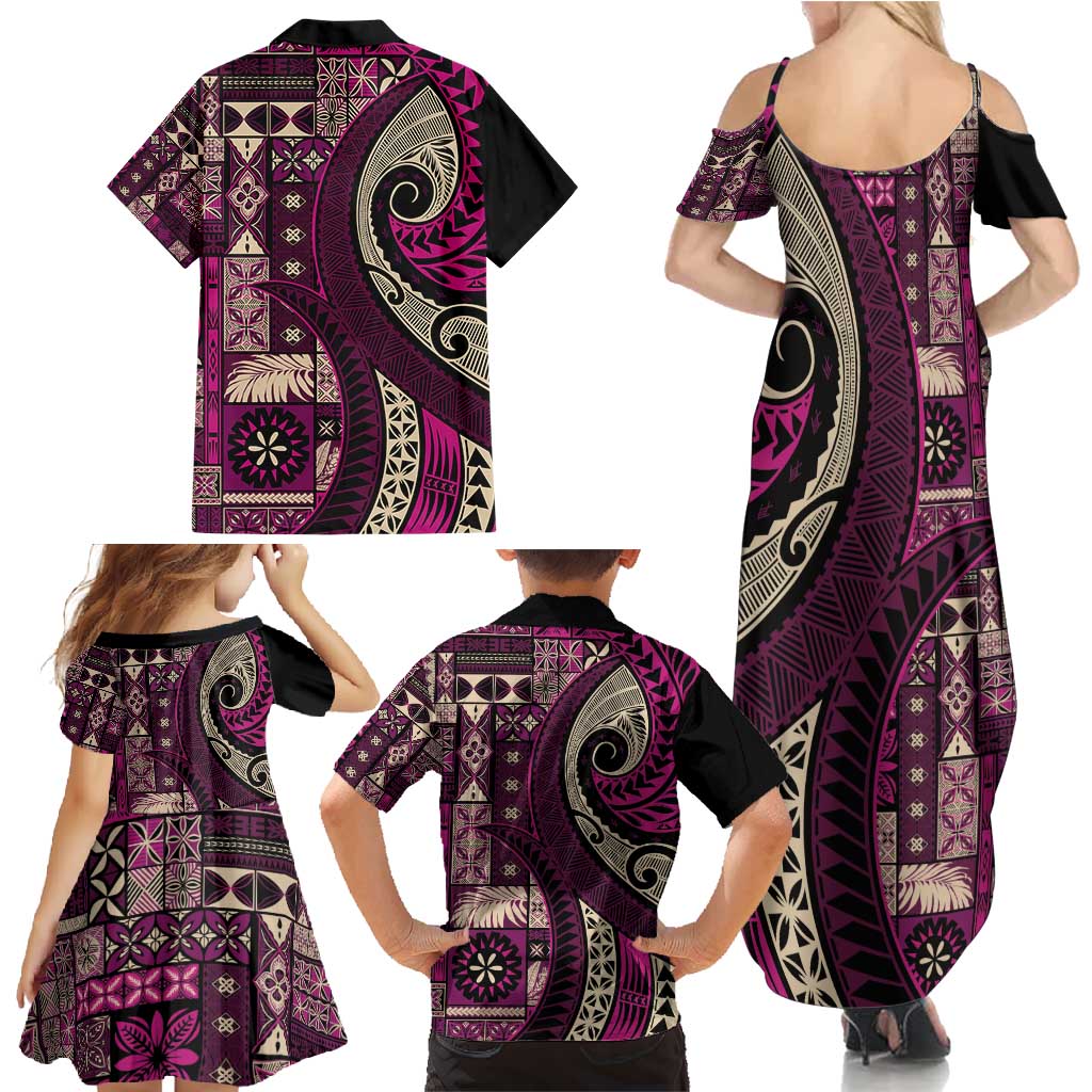 Vintage Samoa Siapo Mamanu Family Matching Summer Maxi Dress and Hawaiian Shirt Pink Samoan Tapa Motif - Polynesian Pride