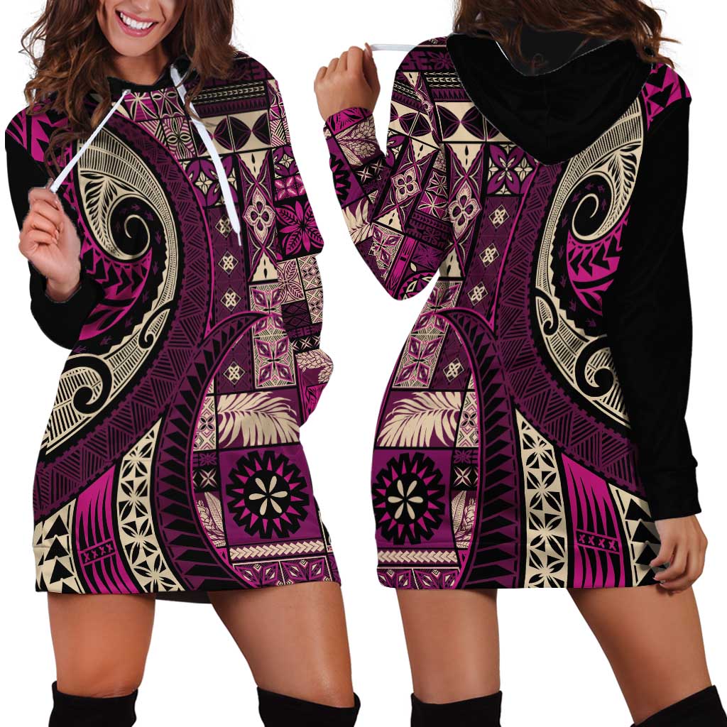 Vintage Samoa Siapo Mamanu Hoodie Dress Pink Samoan Tapa Motif LT9 - Polynesian Pride