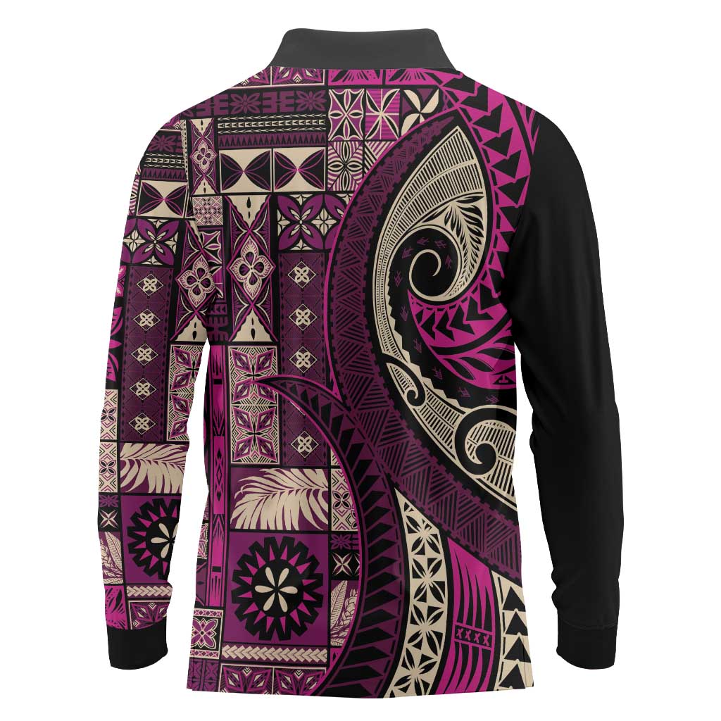 Vintage Samoa Siapo Mamanu Long Sleeve Polo Shirt Pink Samoan Tapa Motif - Polynesian Pride