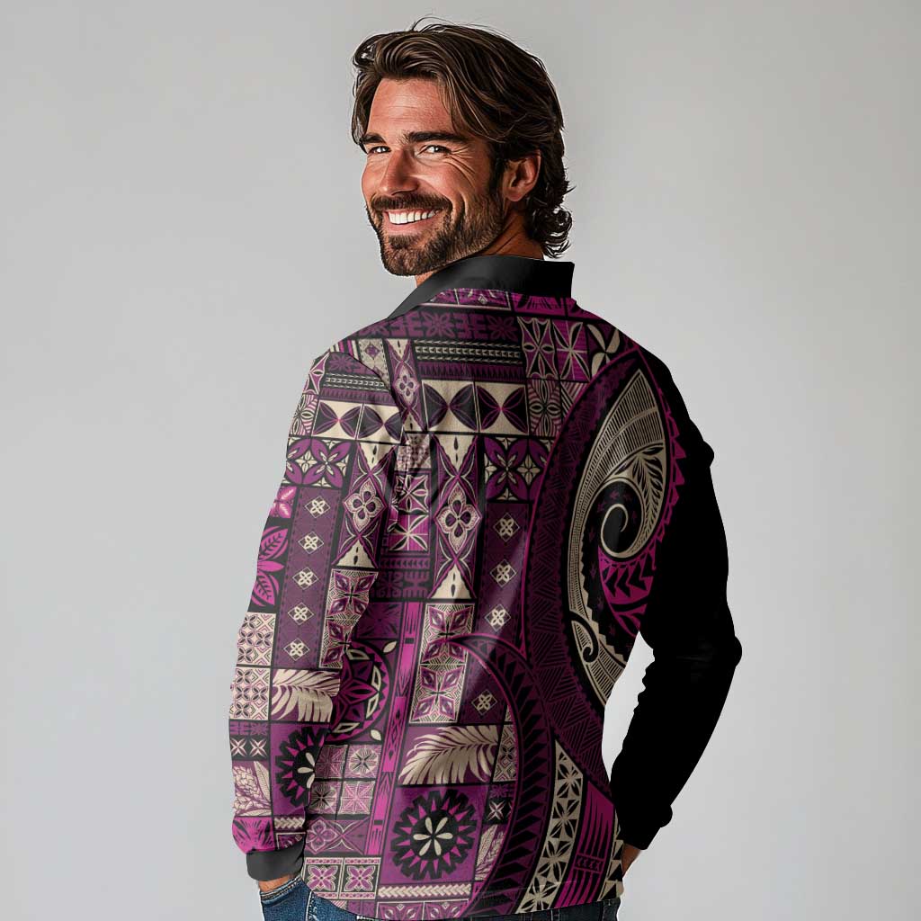 Vintage Samoa Siapo Mamanu Long Sleeve Polo Shirt Pink Samoan Tapa Motif - Polynesian Pride