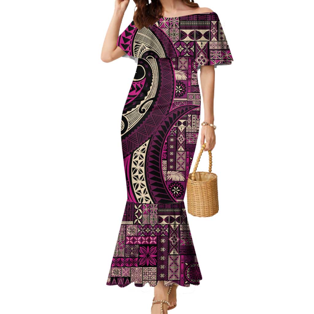 Vintage Samoa Siapo Mamanu Mermaid Dress Pink Samoan Tapa Motif - Polynesian Pride