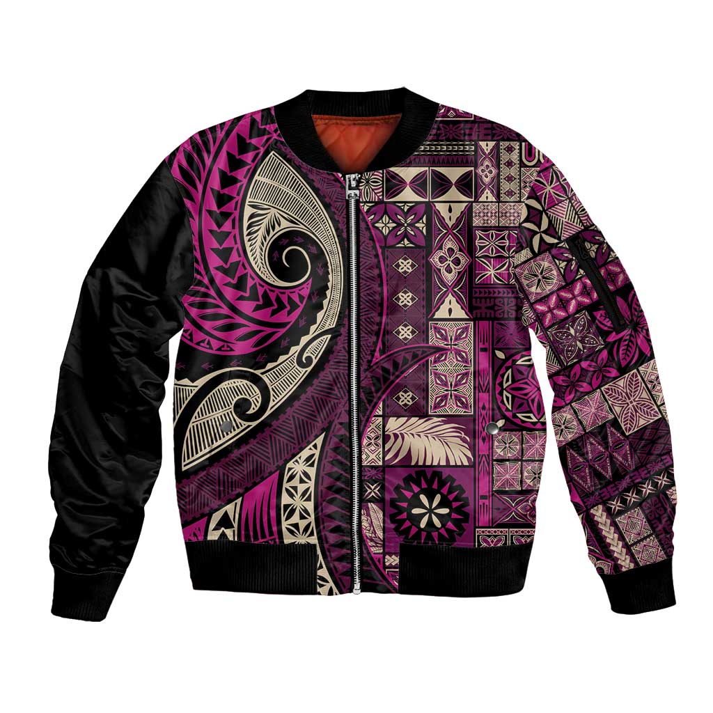Vintage Samoa Siapo Mamanu Sleeve Zip Bomber Jacket Pink Samoan Tapa Motif - Polynesian Pride