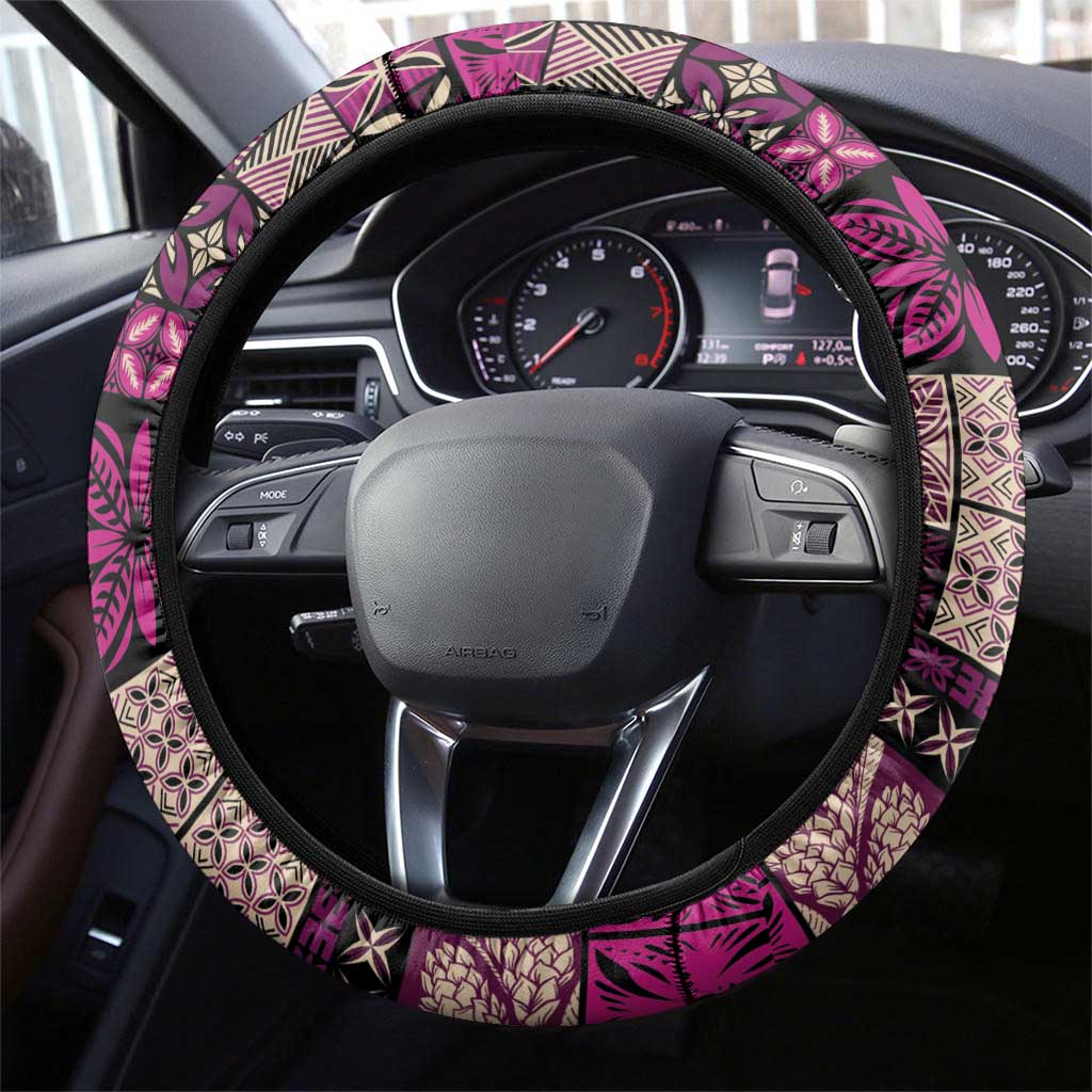 Vintage Samoa Siapo Mamanu Steering Wheel Cover Pink Samoan Tapa Motif - Polynesian Pride