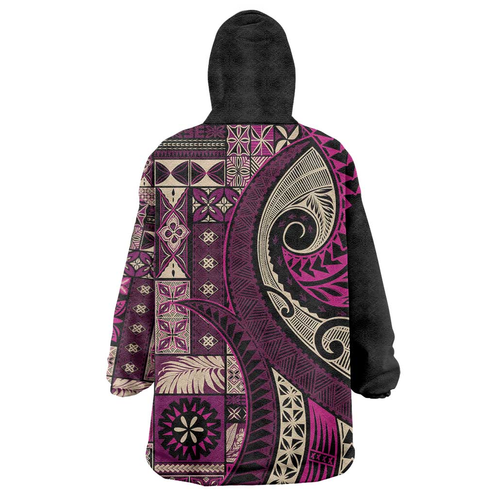 Vintage Samoa Siapo Mamanu Wearable Blanket Hoodie Pink Samoan Tapa Motif - Polynesian Pride
