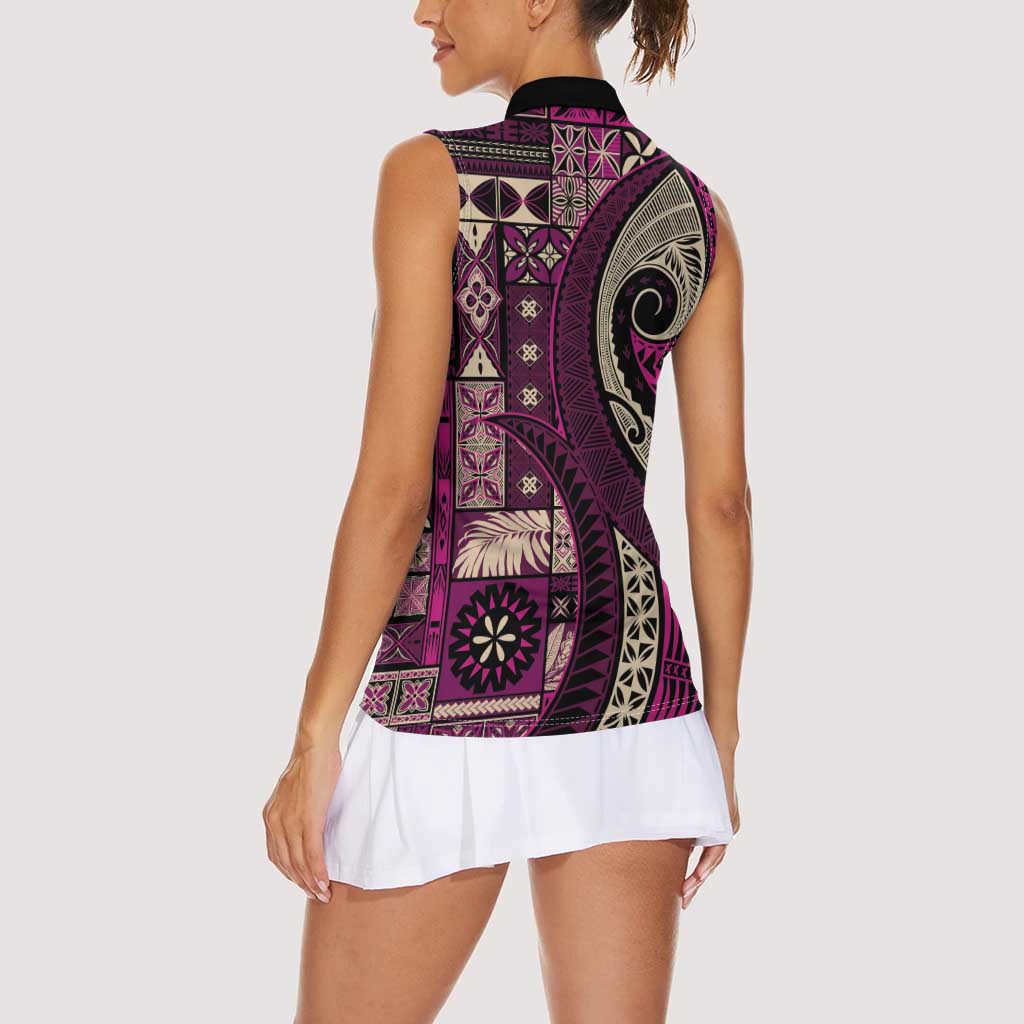 Vintage Samoa Siapo Mamanu Women Sleeveless Polo Shirt Pink Samoan Tapa Motif - Polynesian Pride