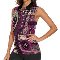 Vintage Samoa Siapo Mamanu Women Sleeveless Polo Shirt Pink Samoan Tapa Motif - Polynesian Pride
