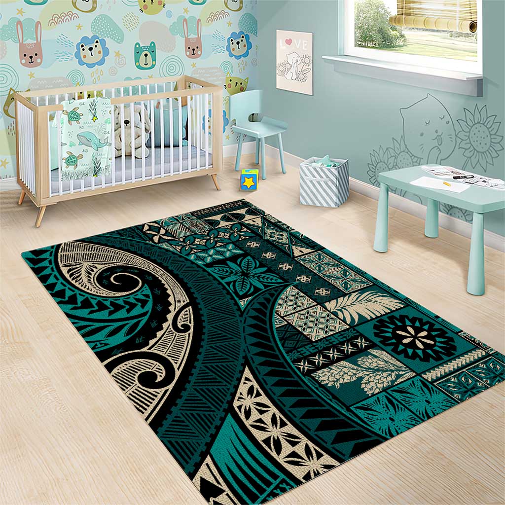 Vintage Samoa Siapo Mamanu Area Rug Teal Samoan Tapa Motif - Polynesian Pride