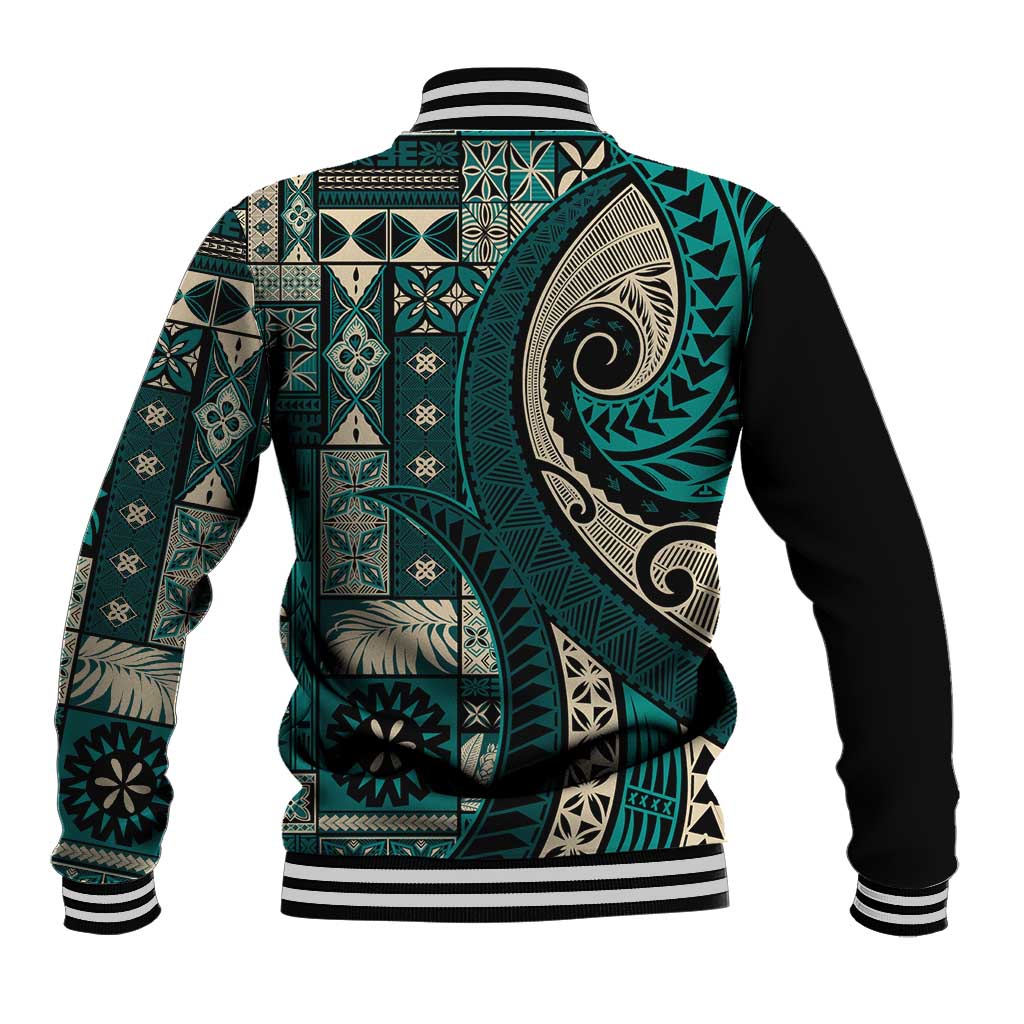 Vintage Samoa Siapo Mamanu Baseball Jacket Teal Samoan Tapa Motif - Polynesian Pride