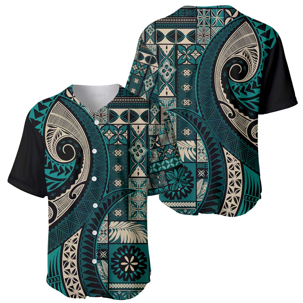 Vintage Samoa Siapo Mamanu Baseball Jersey Teal Samoan Tapa Motif - Polynesian Pride