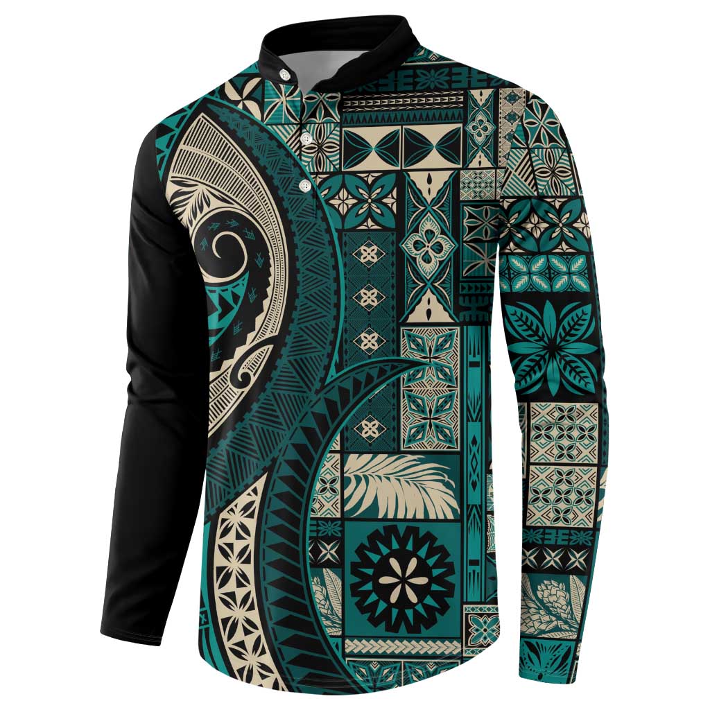 Vintage Samoa Siapo Mamanu Button Sweatshirt Teal Samoan Tapa Motif - Polynesian Pride