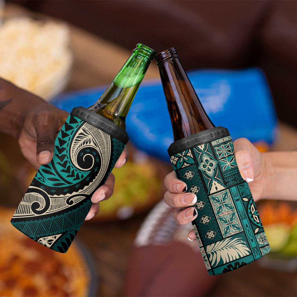 Vintage Samoa Siapo Mamanu 4 in 1 Can Cooler Tumbler Teal Samoan Tapa Motif LT9 - Polynesian Pride