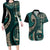 Vintage Samoa Siapo Mamanu Couples Matching Long Sleeve Bodycon Dress and Hawaiian Shirt Teal Samoan Tapa Motif - Polynesian Pride