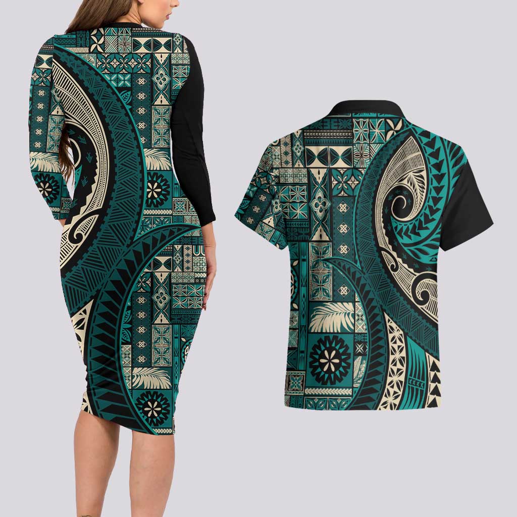 Vintage Samoa Siapo Mamanu Couples Matching Long Sleeve Bodycon Dress and Hawaiian Shirt Teal Samoan Tapa Motif - Polynesian Pride