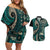 Vintage Samoa Siapo Mamanu Couples Matching Off Shoulder Short Dress and Hawaiian Shirt Teal Samoan Tapa Motif - Polynesian Pride