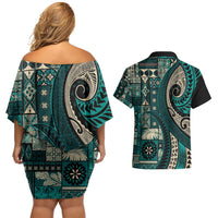 Vintage Samoa Siapo Mamanu Couples Matching Off Shoulder Short Dress and Hawaiian Shirt Teal Samoan Tapa Motif - Polynesian Pride