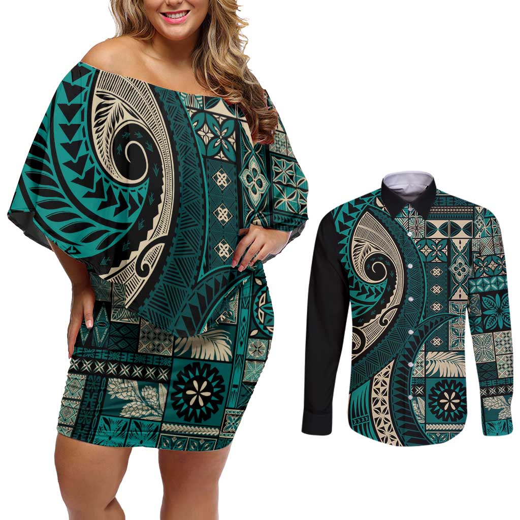 Vintage Samoa Siapo Mamanu Couples Matching Off Shoulder Short Dress and Long Sleeve Button Shirt Teal Samoan Tapa Motif - Polynesian Pride