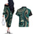 Vintage Samoa Siapo Mamanu Couples Matching Off The Shoulder Long Sleeve Dress and Hawaiian Shirt Teal Samoan Tapa Motif - Polynesian Pride