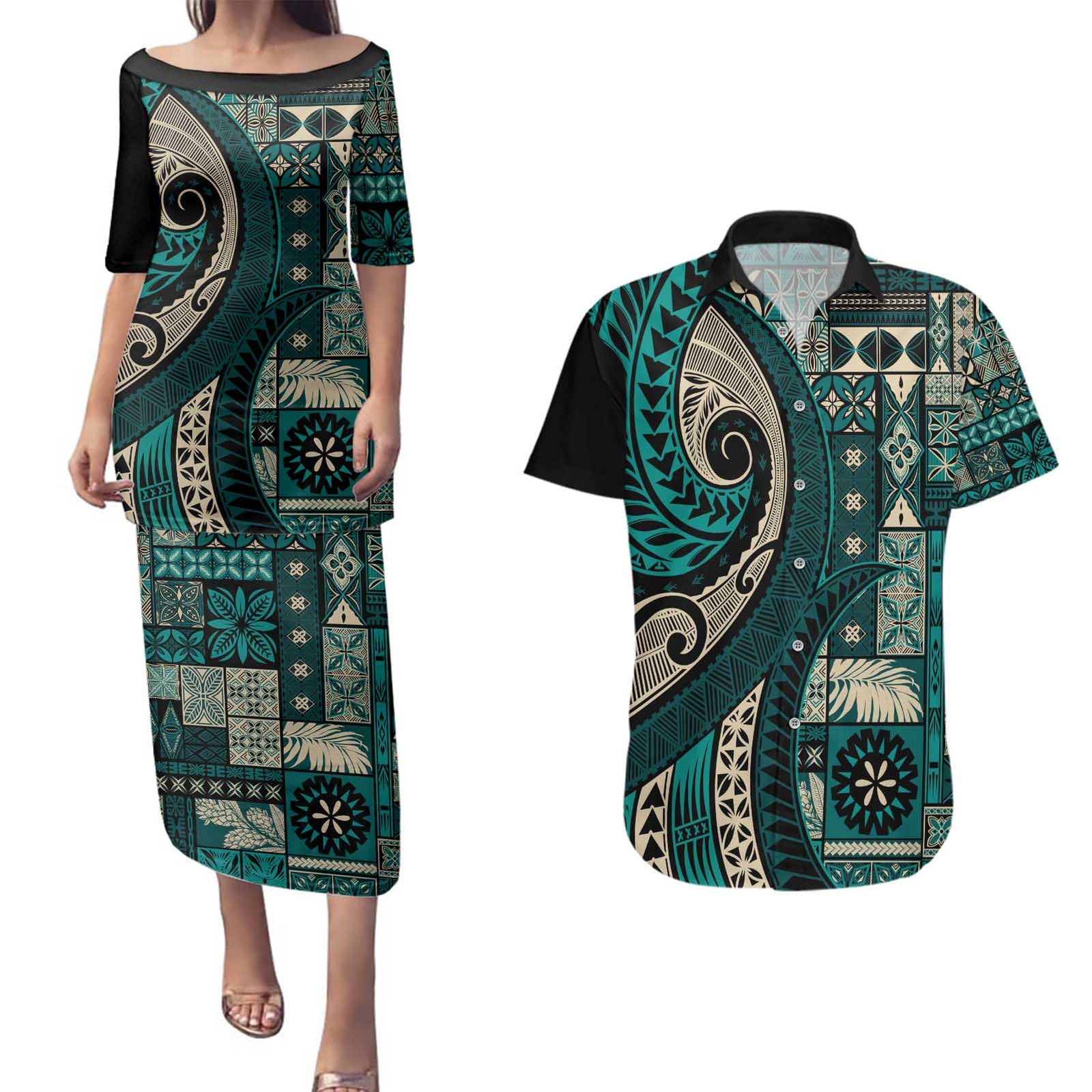 Vintage Samoa Siapo Mamanu Couples Matching Puletasi and Hawaiian Shirt Teal Samoan Tapa Motif - Polynesian Pride