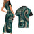 Vintage Samoa Siapo Mamanu Couples Matching Short Sleeve Bodycon Dress and Hawaiian Shirt Teal Samoan Tapa Motif - Polynesian Pride