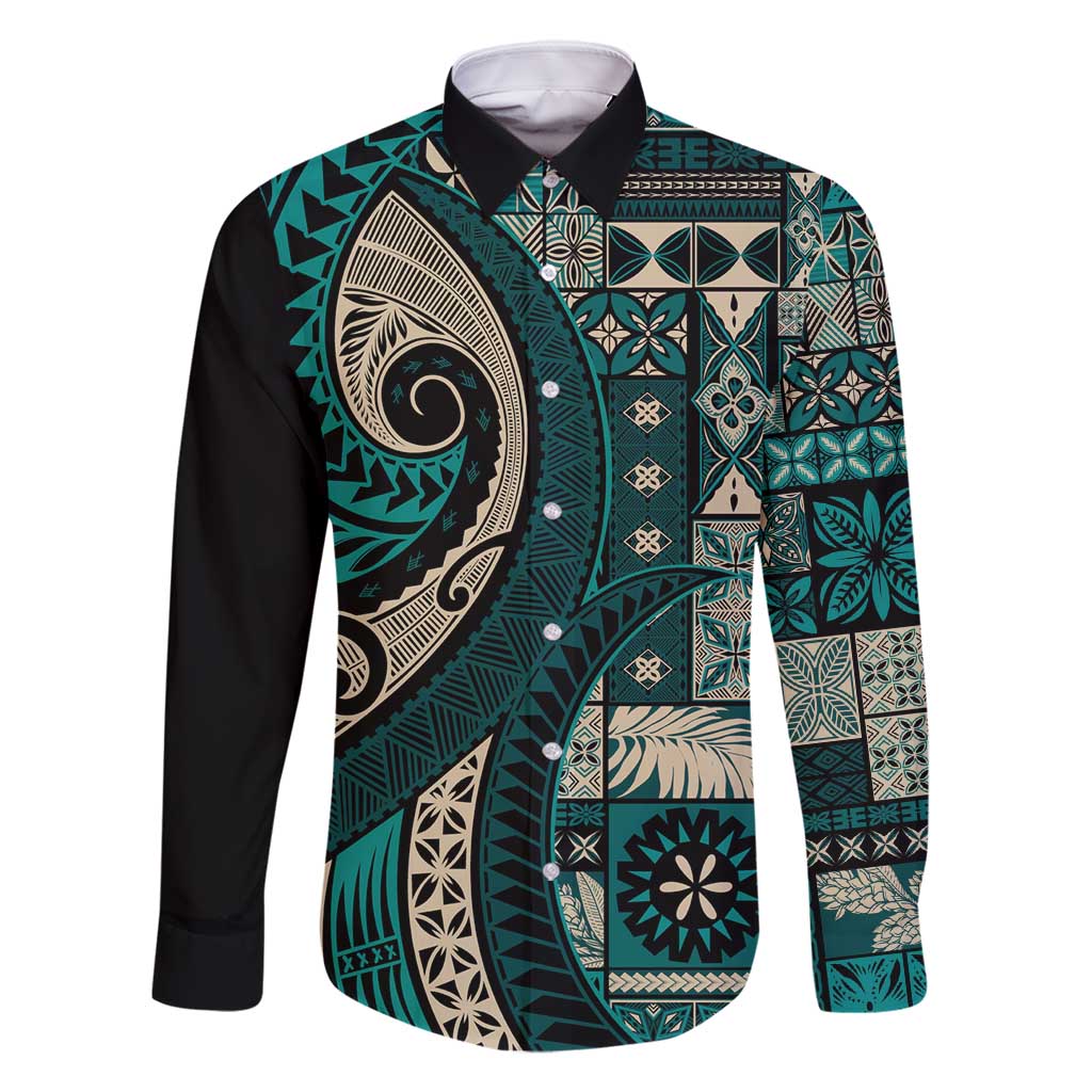 Vintage Samoa Siapo Mamanu Family Matching Long Sleeve Bodycon Dress and Hawaiian Shirt Teal Samoan Tapa Motif - Polynesian Pride