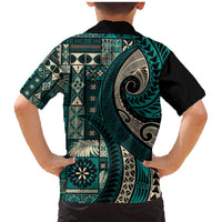 Vintage Samoa Siapo Mamanu Family Matching Mermaid Dress and Hawaiian Shirt Teal Samoan Tapa Motif - Polynesian Pride