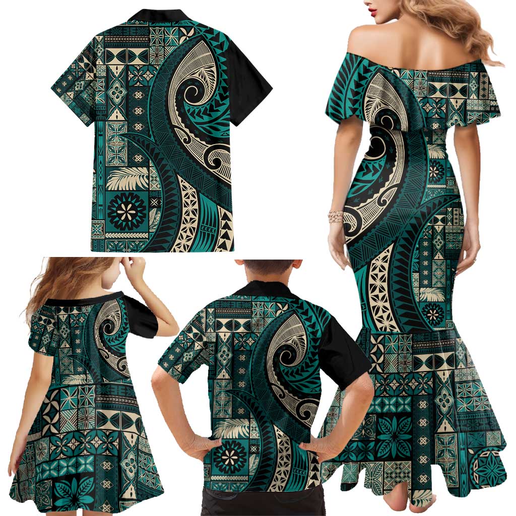 Vintage Samoa Siapo Mamanu Family Matching Mermaid Dress and Hawaiian Shirt Teal Samoan Tapa Motif - Polynesian Pride