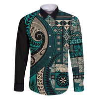 Vintage Samoa Siapo Mamanu Family Matching Off The Shoulder Long Sleeve Dress and Hawaiian Shirt Teal Samoan Tapa Motif - Polynesian Pride